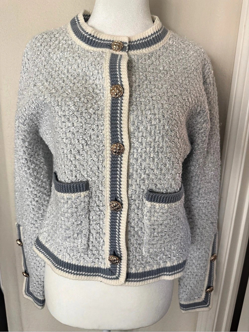 Urban Revivo sparkle tweed cardigan blue cream gold buttons pockets M